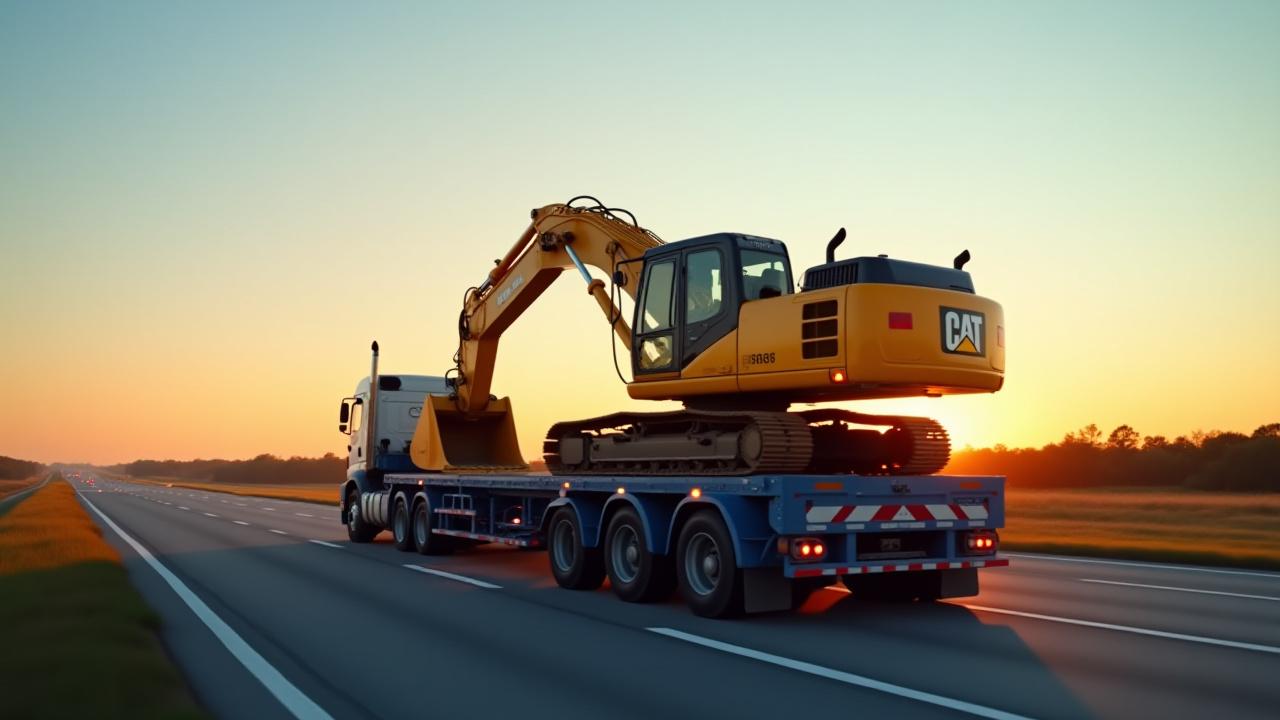 Oversized excavator being transported on a heavy haul trailer