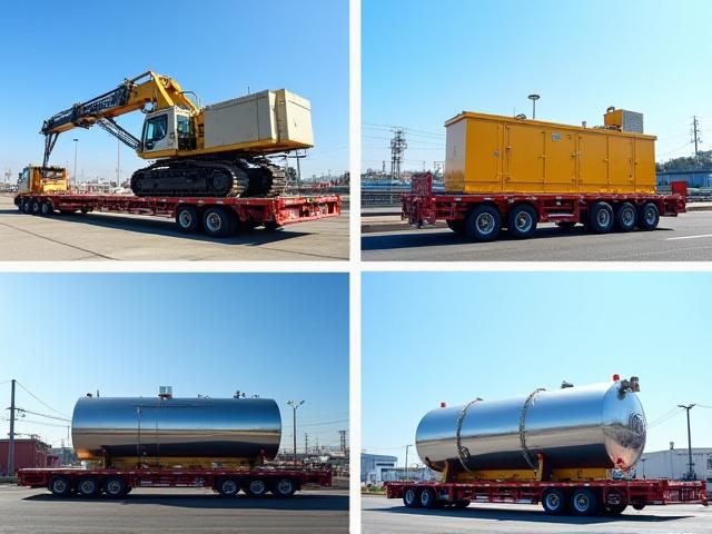 Collage of heavy machinery including cranes and generators being transported in Florida