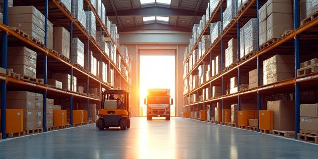 Retail distribution truck unloading at a warehouse