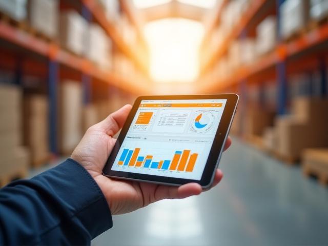 Close up of a logistics dashboard on a tablet with a busy freight port in the background