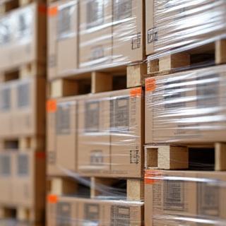 Neatly stacked wrapped pallets